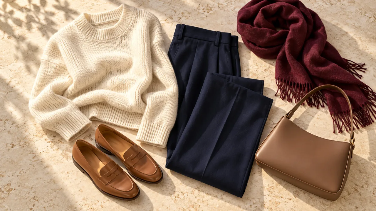 Coordinated wardrobe with knitwear, trousers and accessories
