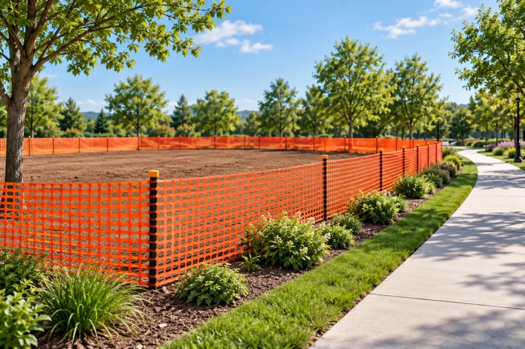 Werfnetten orange mesh marking a flat landscaped work area