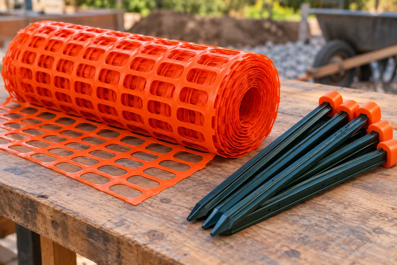 Werfnetten orange mesh roll beside capped support posts
