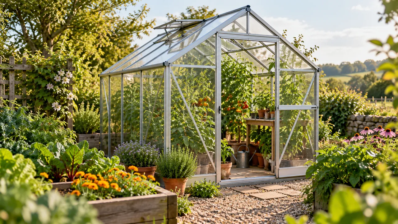 Greenhouse with diagonal metal supports illustrating windstrebe use